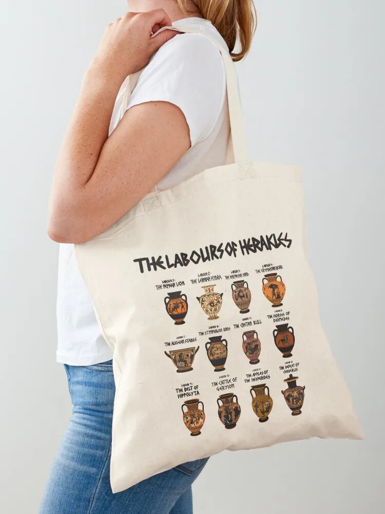 Двенадцать лаков Геркулеса на греческой керамике. Большая сумка для женщин.