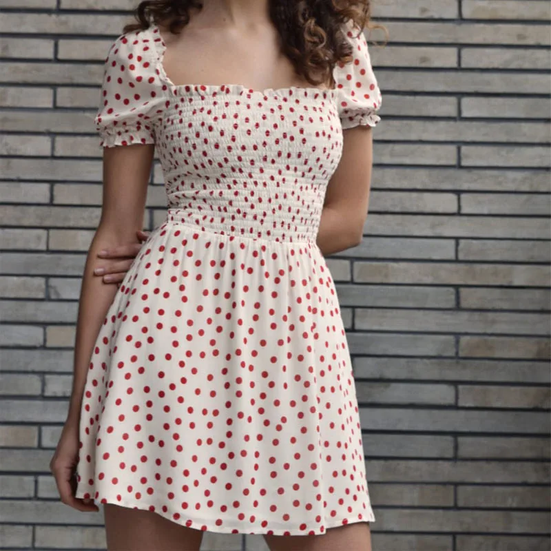 

Женское Повседневное платье в горошек, облегающее летнее платье с квадратным вырезом и коротким рукавом