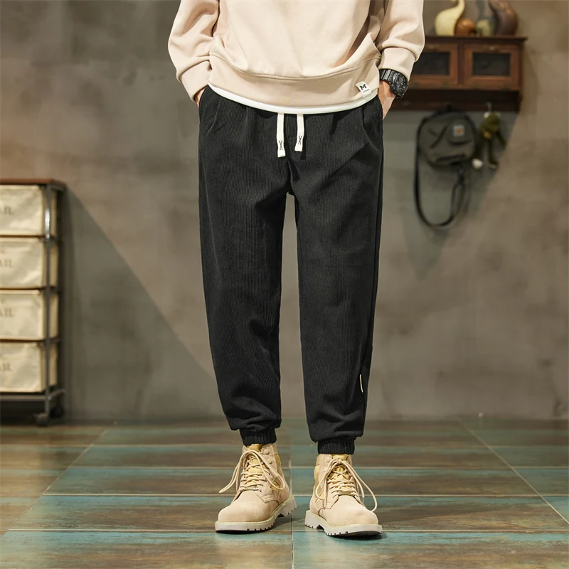 New Men Pants Autumn and Winter Corduroy Casual Loose Solid Color Full Length Baggy Pants American Male Sporty Daily Streetwear