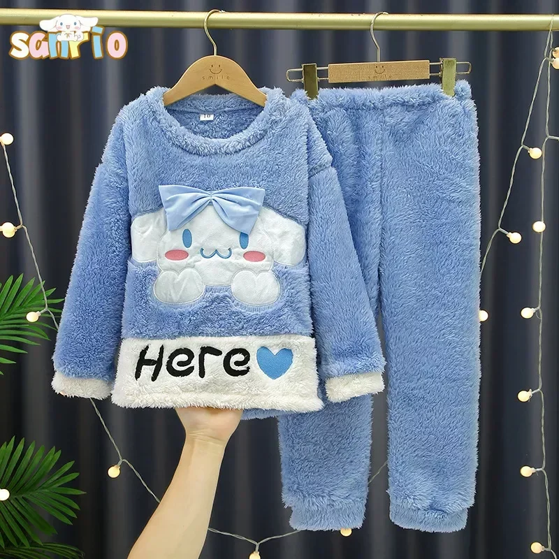 

Kawaii Sanrio Cinnamoroll Kuromi Children Winter Pajamas Set Cartoon Anime New Coral Velvet Thickened Warm Boys Girls Pajamas