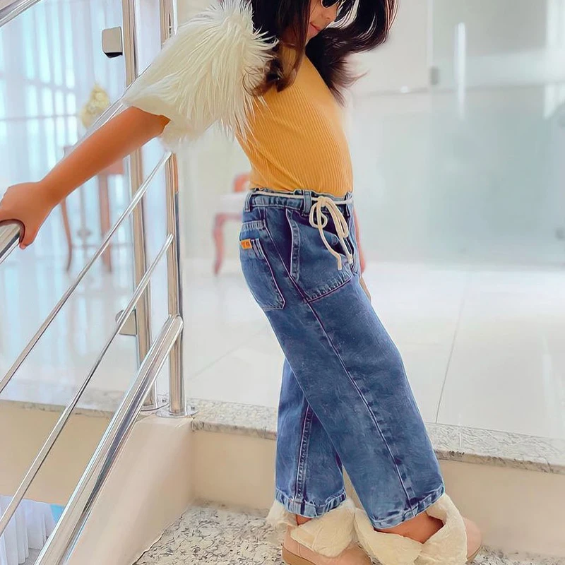 

Toddler Kids Girls 2Pcs Outfits, Round Neck Plush Patchwork Short Sleeve T-shirt Tops +Elastic Waist Jeans Denim Pants, 1-6Years