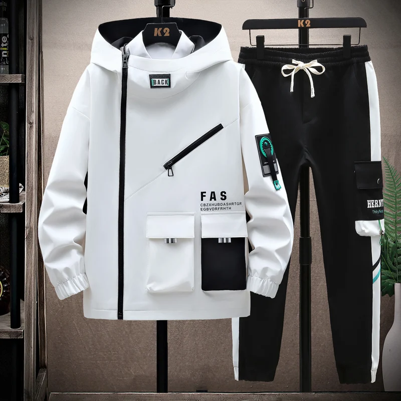 

Fashion Spring Autumn Casual Men's Sets Two Pieces Hooded Jackets + Pants Tracksuits Youth Streetwear Loose Tops Coat&Jogger Set