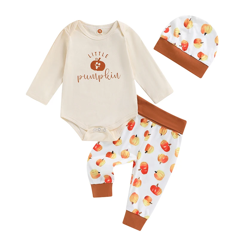 

Newborn Baby Boy Halloween Outfit Pumpkin Print Long Sleeve Romper Pants Hat Infant Halloween Clothes Set