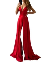 sexy v neck long red satin prom dresses with slit criss cross back robe de soiree floor length pleated v neck formal party gown