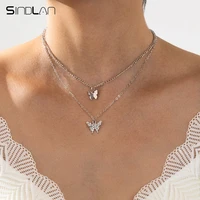 sindlan 2pcs punk crystal butterfly pendant necklace for women kpop silver color chain set egirl y2k jewelry collares para mujer