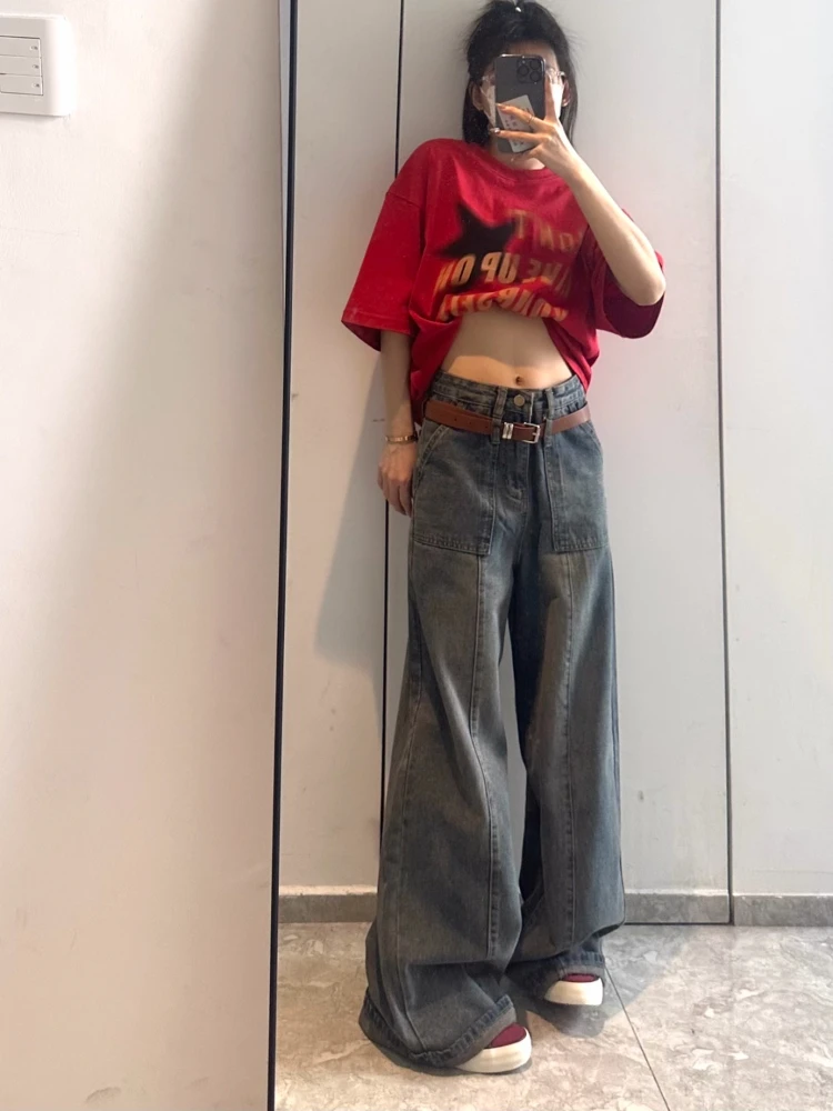 ADAgirl Vintage Blue Wide Leg Jeans Women Y2k Street Casual Pocket Loose Straight High Waist Denim Trousers Harajuku Mujer Pants