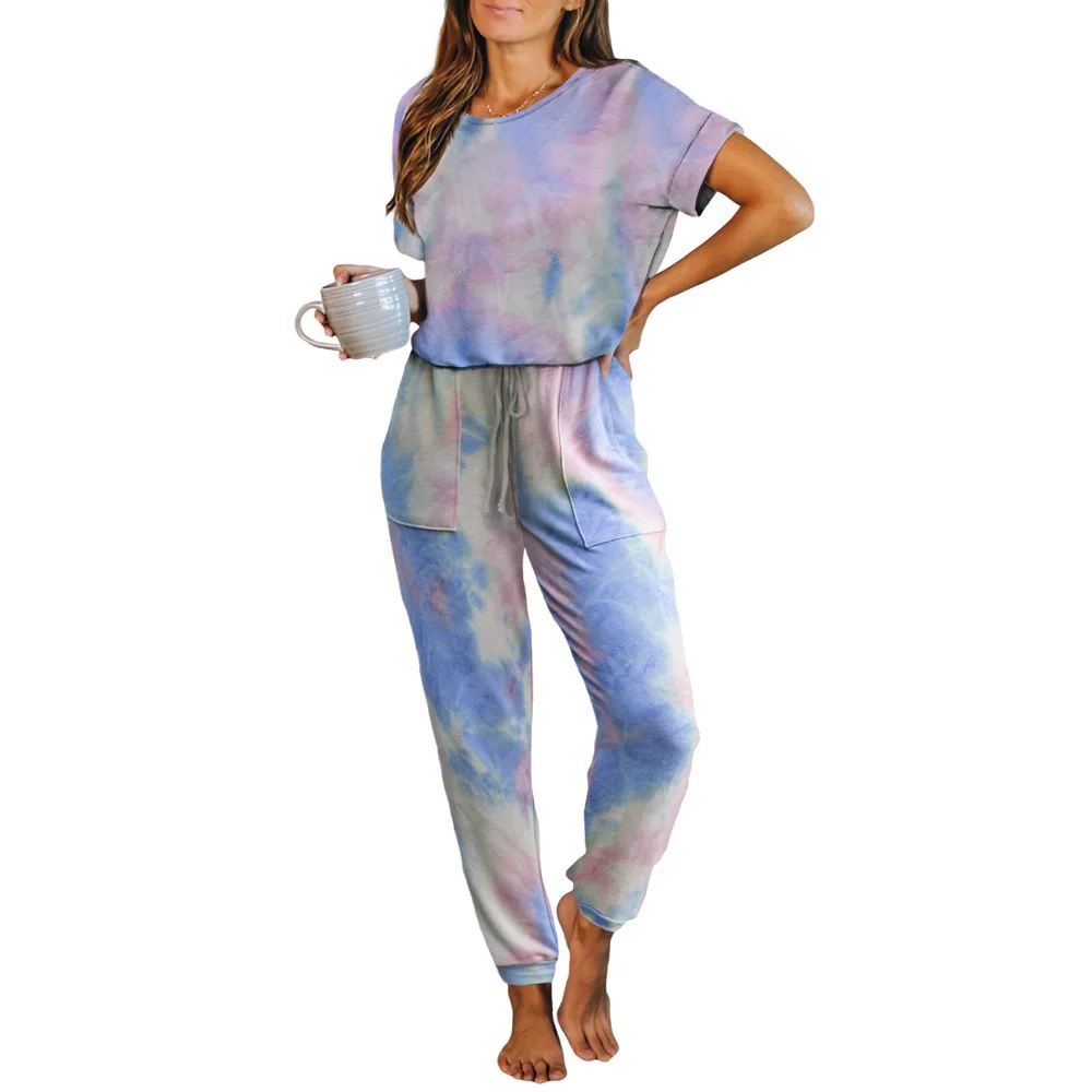2023 New Ladies Homewear One-piece Set Summer Tie-Dye Printed Pajamas Women Nightwear