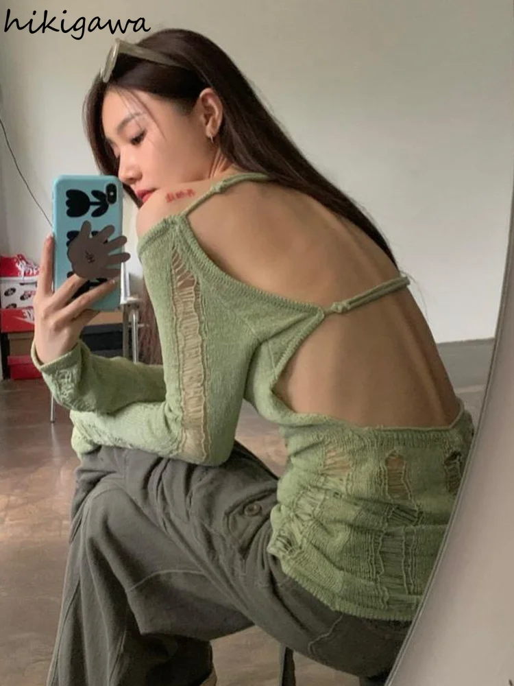 

Harajuku Pullovers for Women Y2k Tops Knitted Thin Long Sleeve Sueter De Mujer Hole Hollow Out Pull Femme Sexy Backless Sweaters