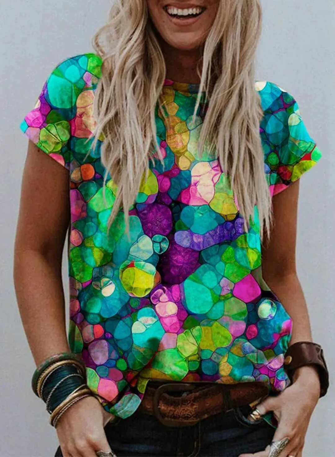 

3d Printing Flower O-neck Top Shirt Women's Retro T-shirt Girls Short-sleeved Plus Size Top T-shirt
