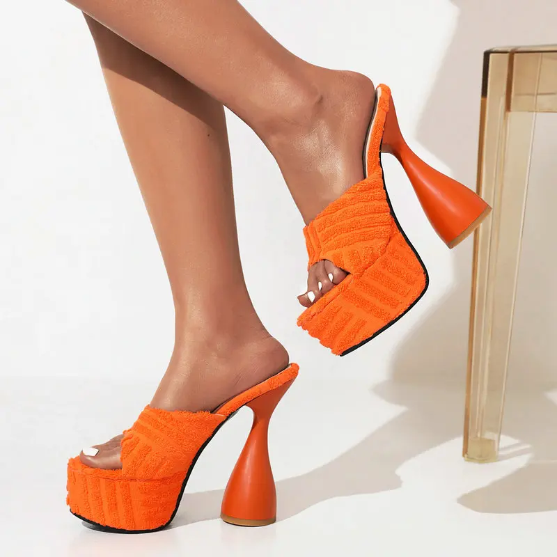 

Terry Towel Fabric Orange Green Woman Sexy Shoes Slippers Platform Thick High Heels Slides Plus Size 34-43 Women Mules Sandals