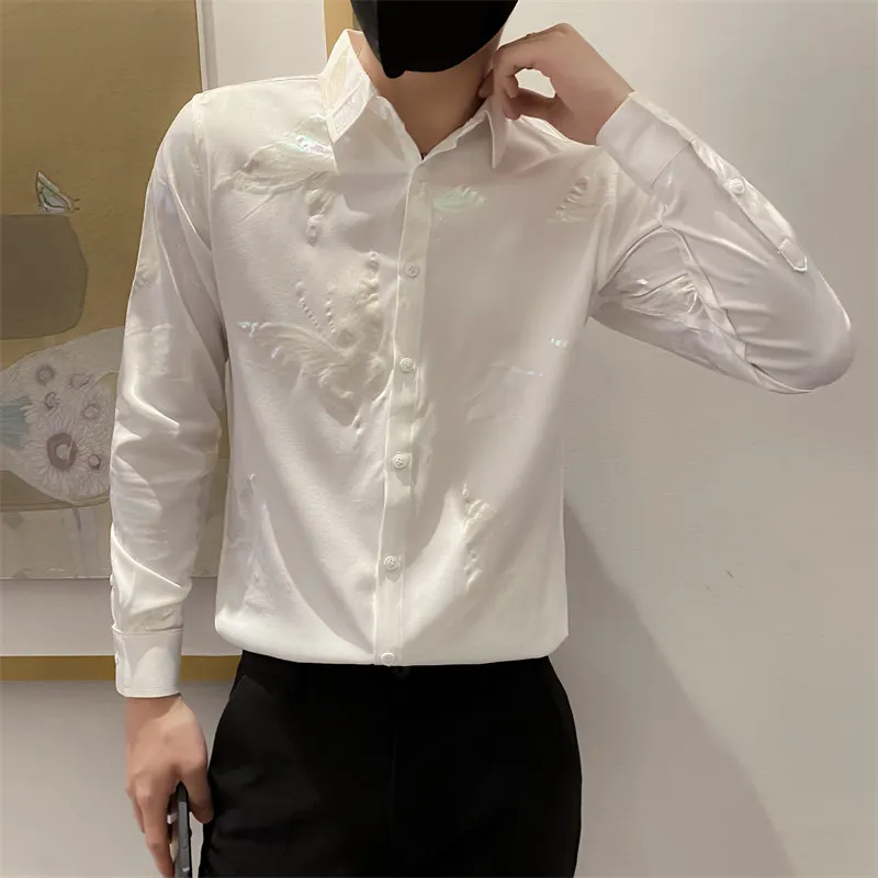 

Colorful Butterfly Embossing Shirts Dress Men Asian Size Long Sleeve Male Stage Nightclub Shirt