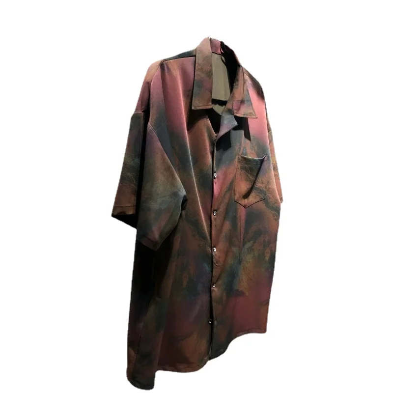 

Дизайнерская нишевая Модная рубашка, Новинка лета 2023, рубашка свободного покроя с принтом масляной живописи, темно-красная рубашка с коротким рукавом для мужчин и женщин