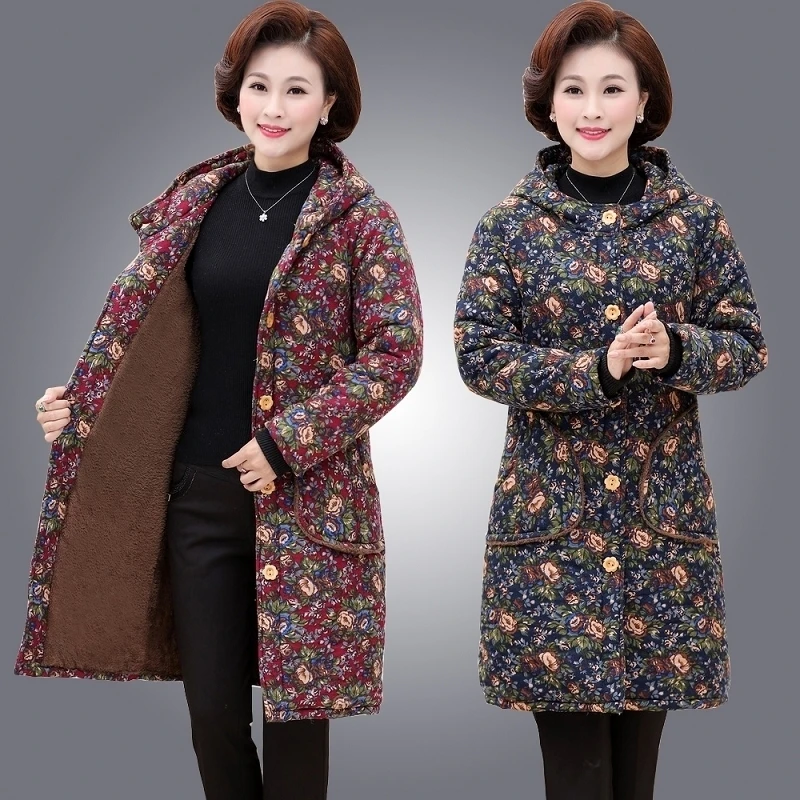

2022 Autumn Winter Down Cotton Hooded Jacket Middle-age Mother Warm Parkas Windproof Outerwear Long Casual Female Print Coat F73