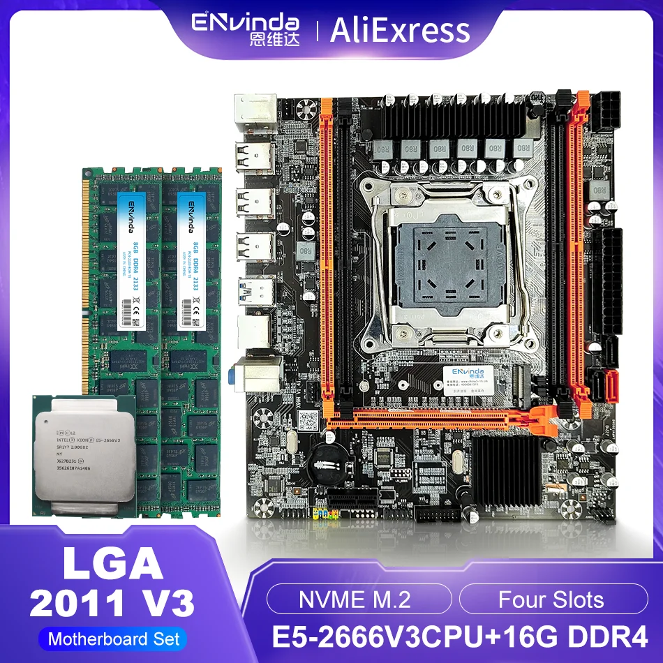 

ENVINDA D4 Motherboard Set Kit Xeon E5 2666V3 CPU Processor LGA 2011-3 16G=2x8G DDR4 ECC RAM Combo SATA NVME M.2 USB3.0 X99