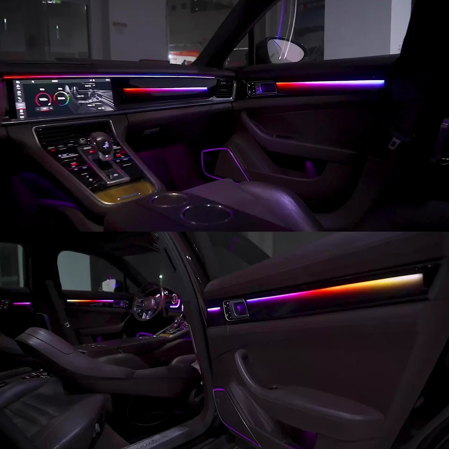 Фото Новая улучшенная динамическая подсветка NewSJC для Porsche Panamera 2017-2023 годов выпуска, 64-цветная светодиодная симфоническая подсветка салона, аксессуары для отделки интерьера №5