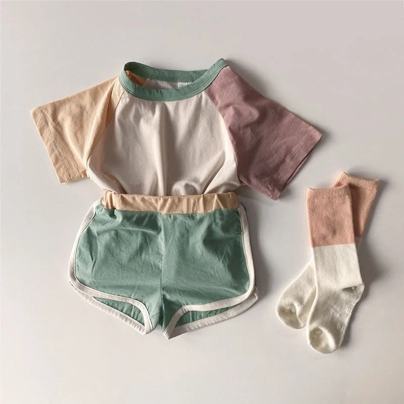 2pcs Baby Boys Girls Outfits Sets Summer Fashion Short Sleeve Kids T-shirts + Shorts Stitching Color Clothing