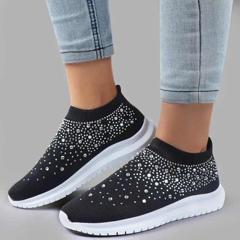 

2022 Women Sneakers Fashion Flat Women's Sport Shoes Rhinestone Spring Summer Casual Slip-On Shiny Stretch Socks Shoes Femal