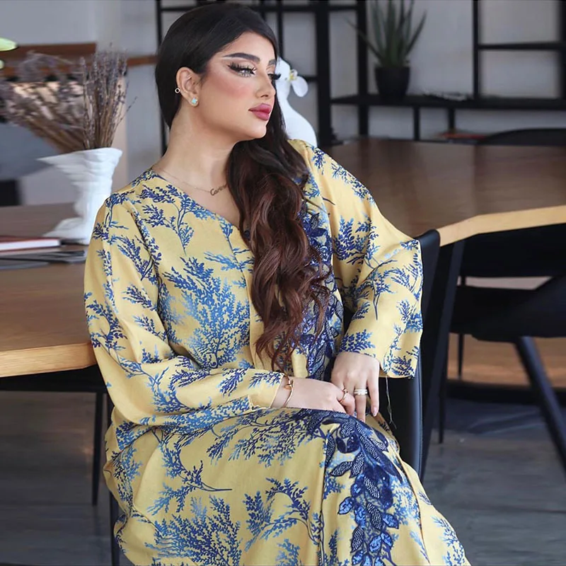 Long Sleeves Printing Embroidery Sequins Muslim Robe Abaya V Neck Elegant Arabic Gowns for Women Middle East Jalabiya 2023
