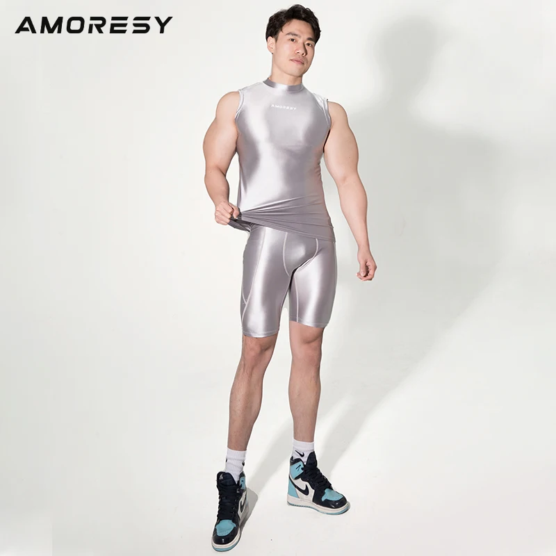 Фото Мужские спортивные шорты Amoresy Poseidon series, Эластичные Обтягивающие пластиковые дышащие шорты со средней талией №4