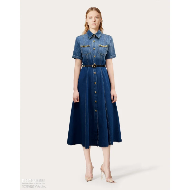 

2023 Summer Casual Denim Wash Process Women's Dresses Gradient Personality Temperament Office Ladies Long Skirts Women Clothing