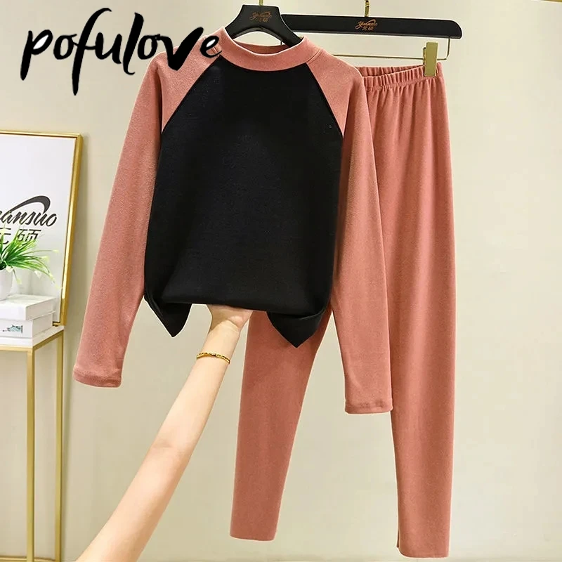 

Thermal Underwear Women's Suit Plus Velvet Winter Clothes Sleep Tops Long Johns Two-piece Suit Pajamas Lingerie Set