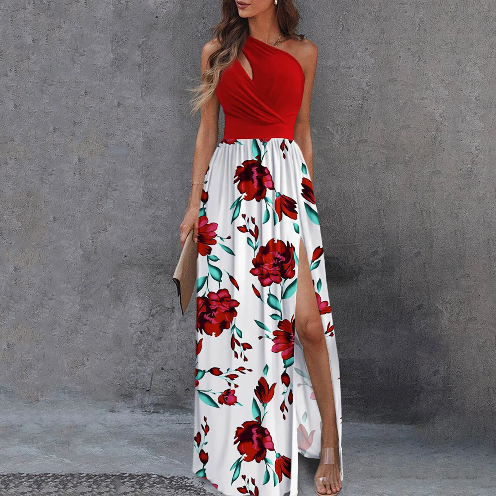 

Women Elegant Off Shoulder Fashion Print Ladies Sexy Hollow Out Sleeveless Party Dress Femme Dress Split Long Dress New Sundress