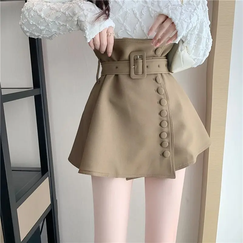 

Autumn Women Korean High Waist Belt Short Black Skirt Elegant A-Line Skirts Buttons Asymmetrical Folds Mini Skirts Female