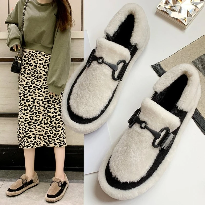 

2023 New Women Winter Warm Flats Cotton Shoes Plush Moccasins Slip-on Plush Loafers Plates Casual Shoe Female Chaussures Femme