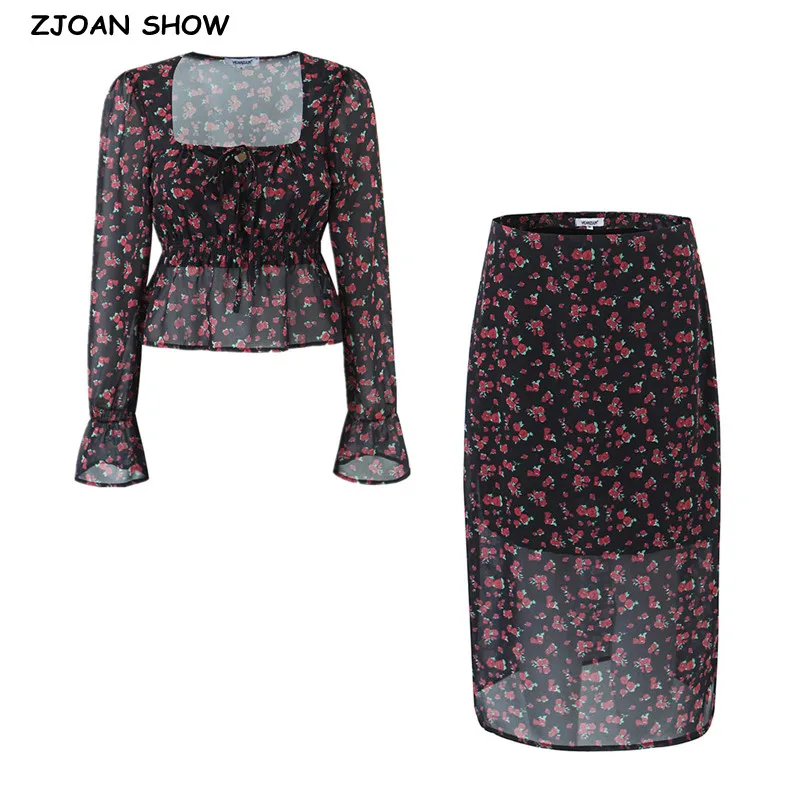 

Женский комплект из 2 предметов, рубашка с длинным рукавом и бантом на завязках, короткий топ с цветочным принтом роз и юбка миди с Боковым Разрезом, 2023