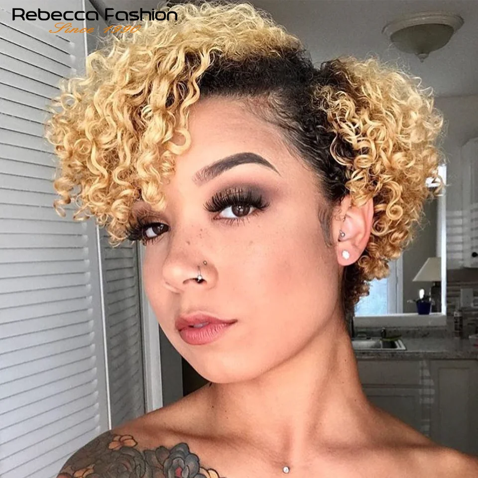 Curly Short Bob Lace Wigs Blonde Pixie Peruvian Human Hair Lace Bob Wig For Black Women Density 150% Water Wave Remy Virgin Hair
