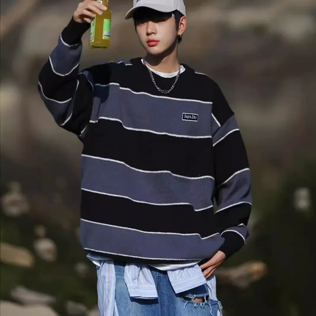 Мужской трикотажный свитер в полоску свободный повседневный пуловер винтажном