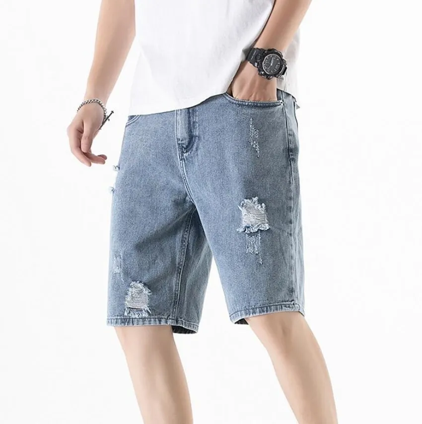 2023 Summer New Japan Korea Hole Ripped Straight Men Jeans Shorts  Fashion Loose Blue Washed Street Knee-length Male Denim Pants