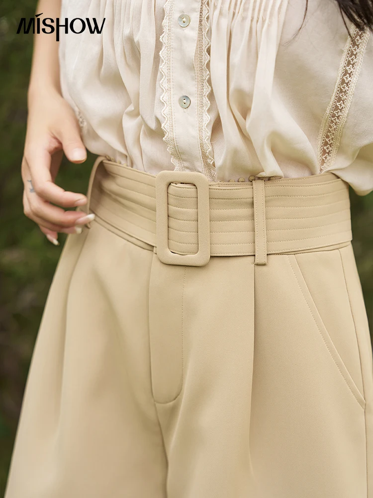 MISHOW Women's Casual Shorts 2023 Summer High Waist Fashion Belt Solid Loose Female Pocket Wide Leg Pants Office Lady MXC36K0042
