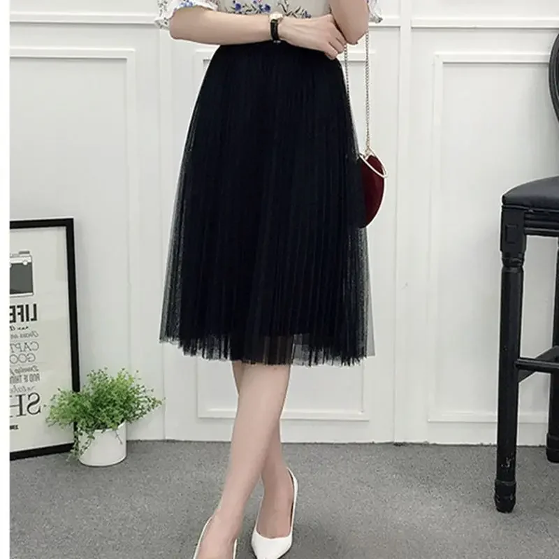 2024 новая сетчатая юбка средней длины с высокой талией и множеством складок