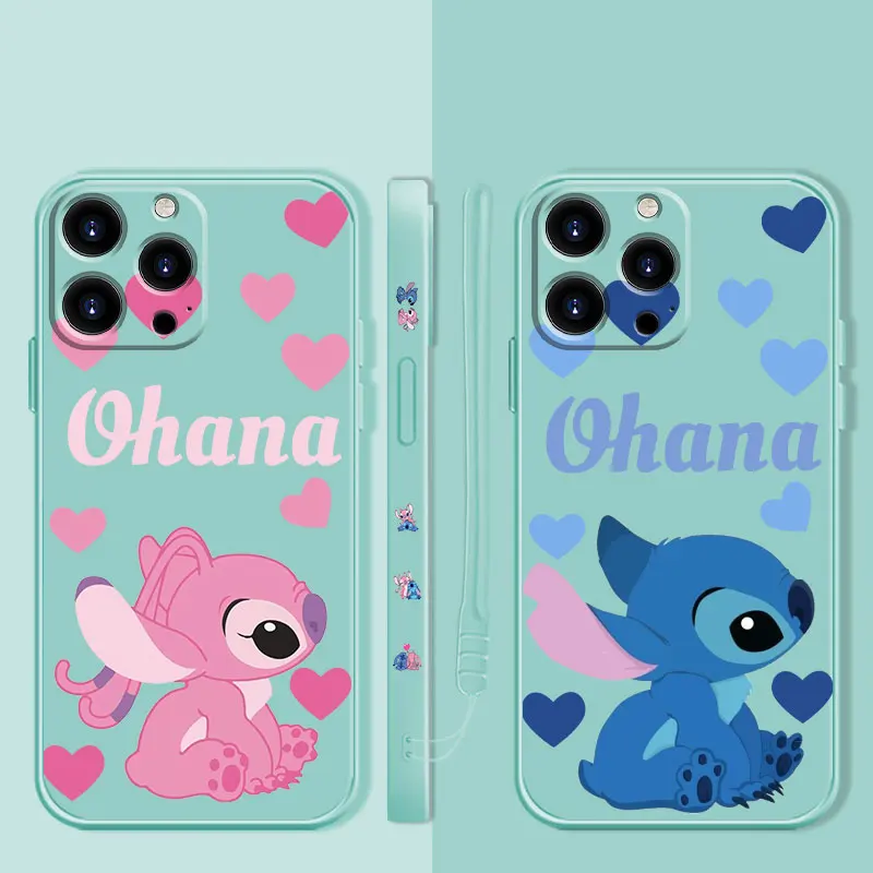 

Stitch Angel Pink Blue Love Square Liquid Phone Case For Apple iPhone 14 13 12 11 Pro Max 13 12 Mini XS XR X 7 8 6 6S Plus