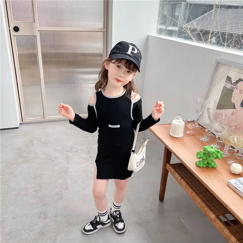 

Spring Girls Slim Fit Stretch Split Off Shoulder Contrast Color Covered Western Style Dress, Girls Dress