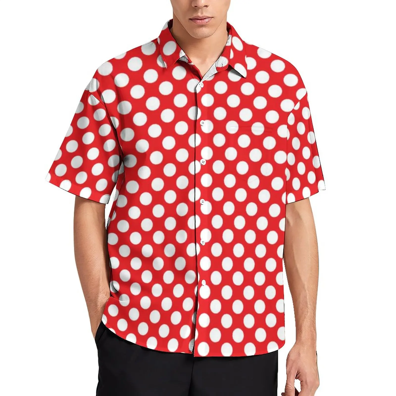 

Рубашка мужская повседневная в горошек, винтажная пляжная блузка в красно-белый горошек, стильная рубашка в стиле 80-х, большие размеры, на лето