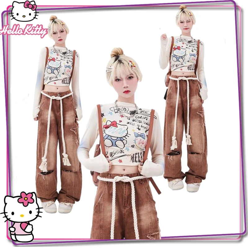 

New Sanrio Hello Kitty Cartoon Anime Long Sleeve Y2K Autumn Women's Printed Kt Cat Long Sleeve T-Shirt Vintage Short Top Gift