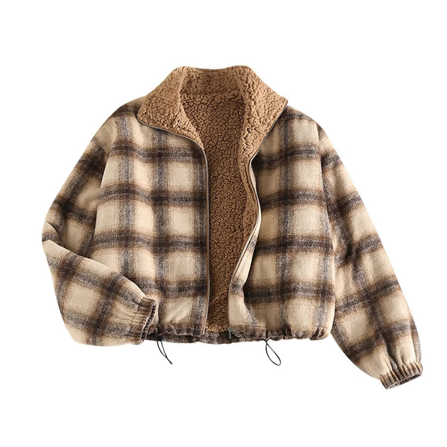 

ZAFUL Drawstring Waist Teddy Lined Plaid Jacket Winter Faux Fur Lined Coat Women Cozy Warm Outwear