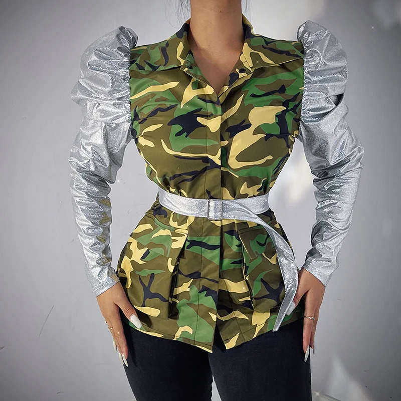 

Hecisuz Camouflage Stitching Workwear Women's Jacket 2022 Early Autumn Fashion Personality Corset Long-sleeved Coat Top Women