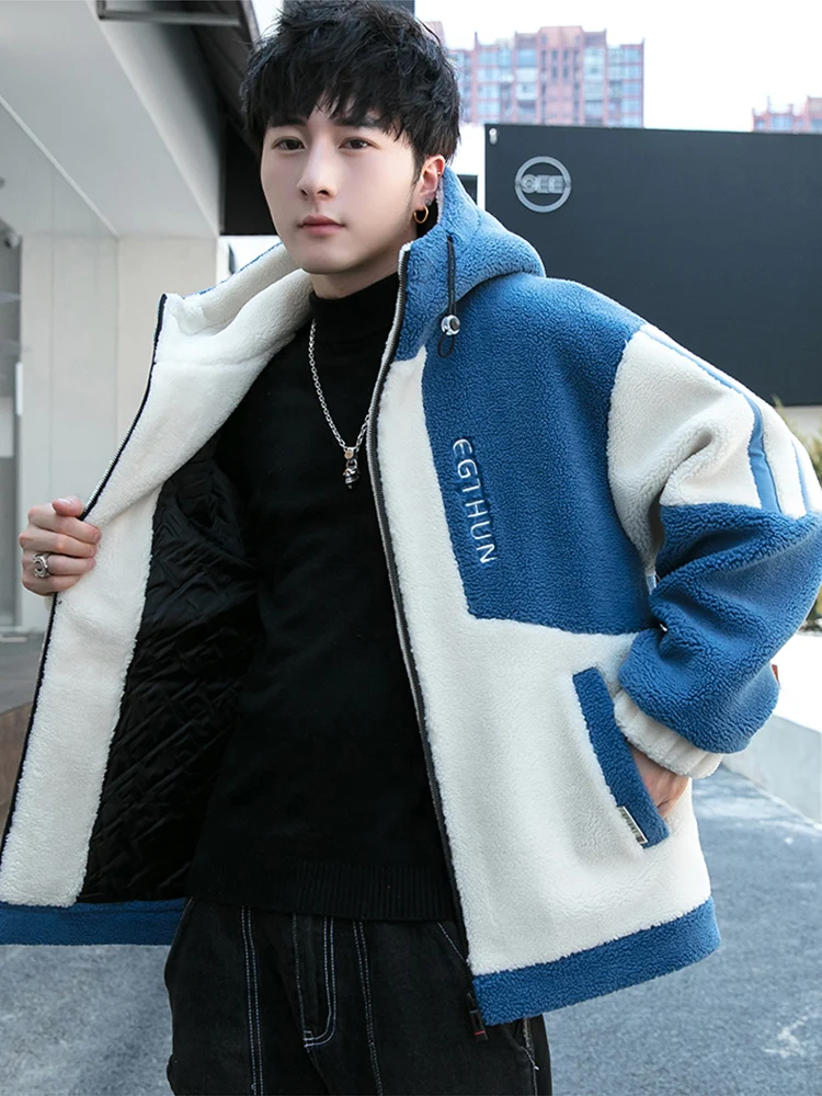 2024 Autumn and Winter New Contrast Color Men's Hooded Polar Fleece Cotton-Padded Coat Student Warm Lambswool C...