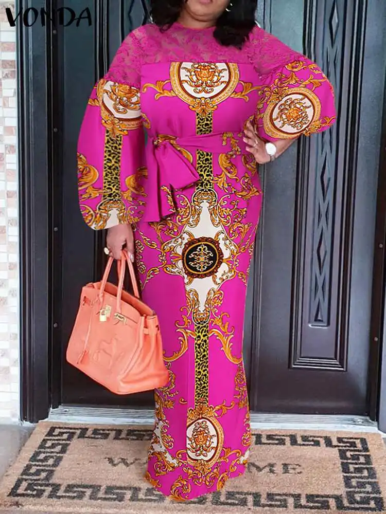 

Party Dress 2023 VONDA Women Long Lantern Sleeve Bohemian Lace Patchwork Party Maxi Dress Casual Belted Loose Party Vestido Robe