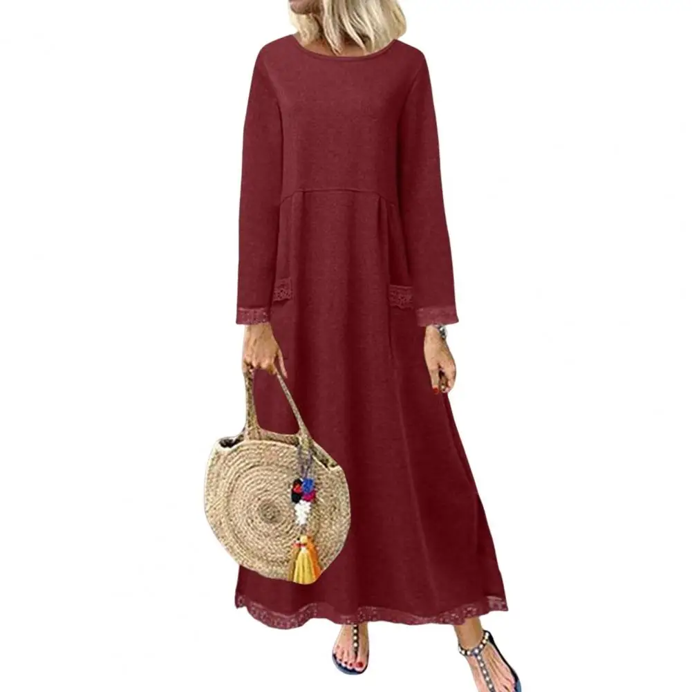 

O-Neck Vintage Women Dress Long Sleeves Two Pockets Lace Side Split Large Hem Banquet Kaftan A-Line Maxi Dress Loose
