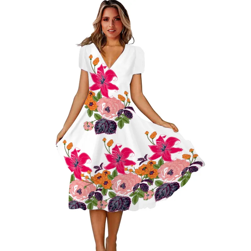 

Summer Dress Women Elegant V-Neck Short Sleeve Casual Party Robe Woman Vintage White Flowers Printed Dresses Vestidos S-4XL