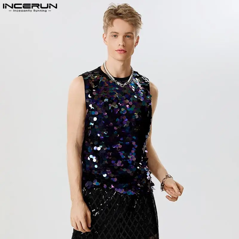 

INCERUN Tops 2023 American Style Handsome Mens Sequin Fabric Design Vests Casual Streetwear All-match Sleeveless Waistcoat S-5XL