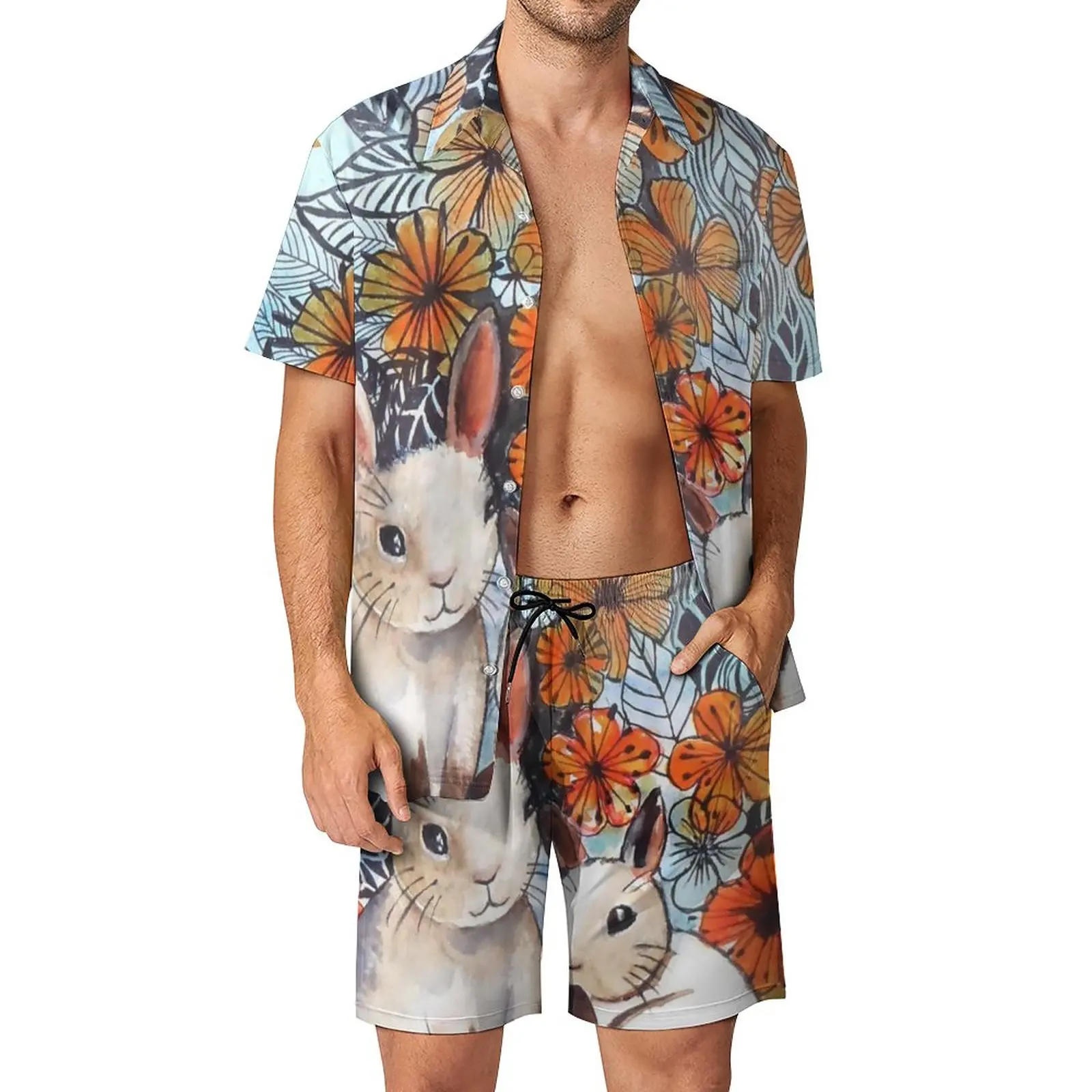 

Easter Bunny Men Sets Flower Power Bunnies Cool Casual Shirt Set Short Sleeves Shorts Summer Beach Suit Big Size