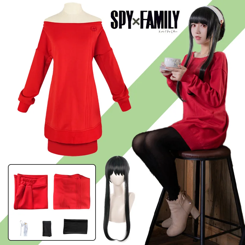 

SPY×FAMILY Yor Forger Cosplay Costume Anime Women Sexy Red Backless Casual Sweater Dress Wig Suit Halloween Clothing Costumes