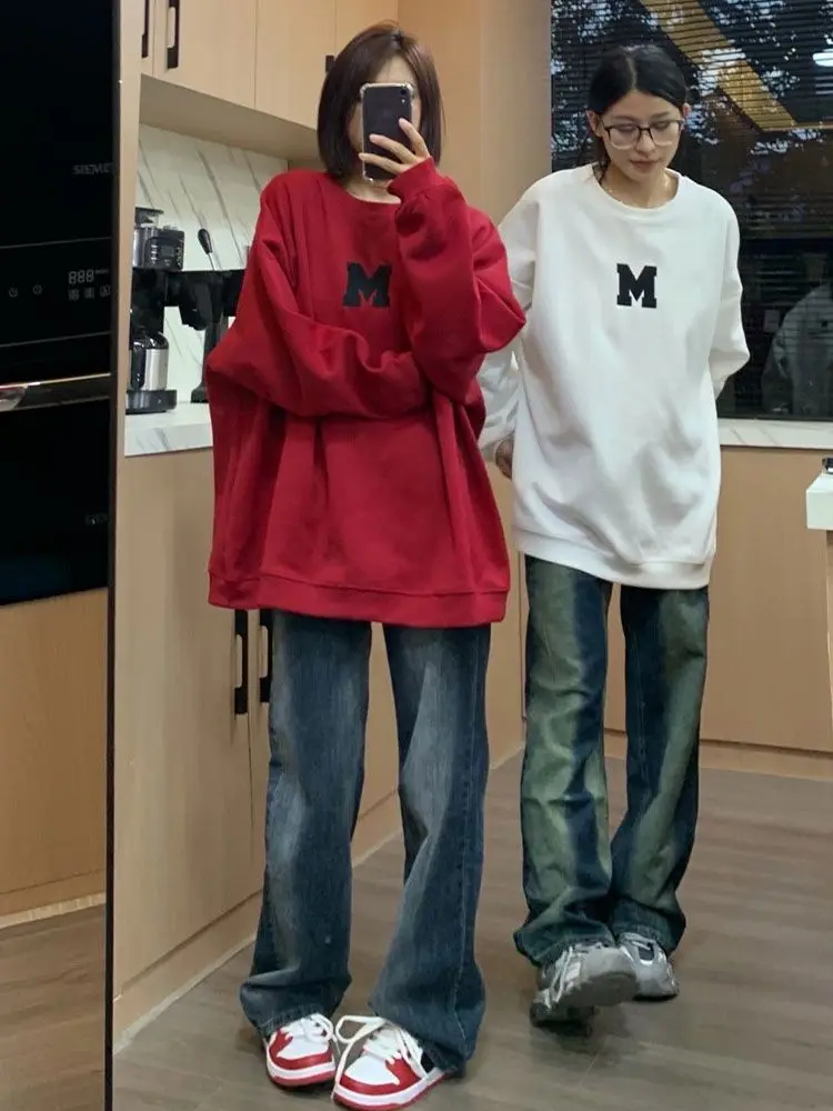 

2022 new American vintage monogram print round neck long sleeve hoodie for women early fall new Korean casual loose blouse