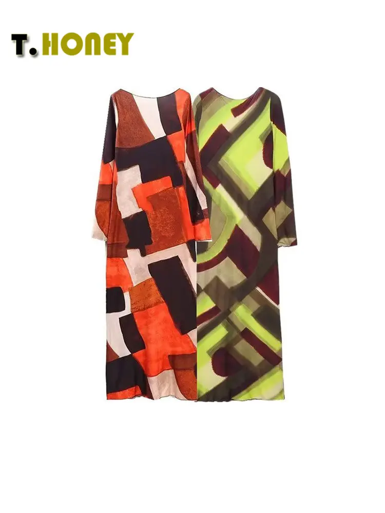 

TELLHONEY Women Fashion O-Neck Geometric Print Backless Dress Female Vintage Long Sleeves Slim Long Mini Dresses