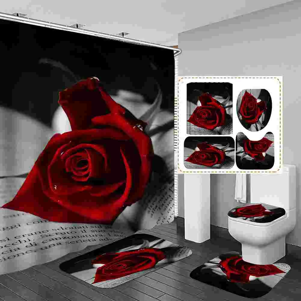 

Занавеска для душа с цифровым 3D-принтом красных роз, водонепроницаемая Полиэстеровая Ландшафтная штора, комплект для ванной комнаты с набором ковров
